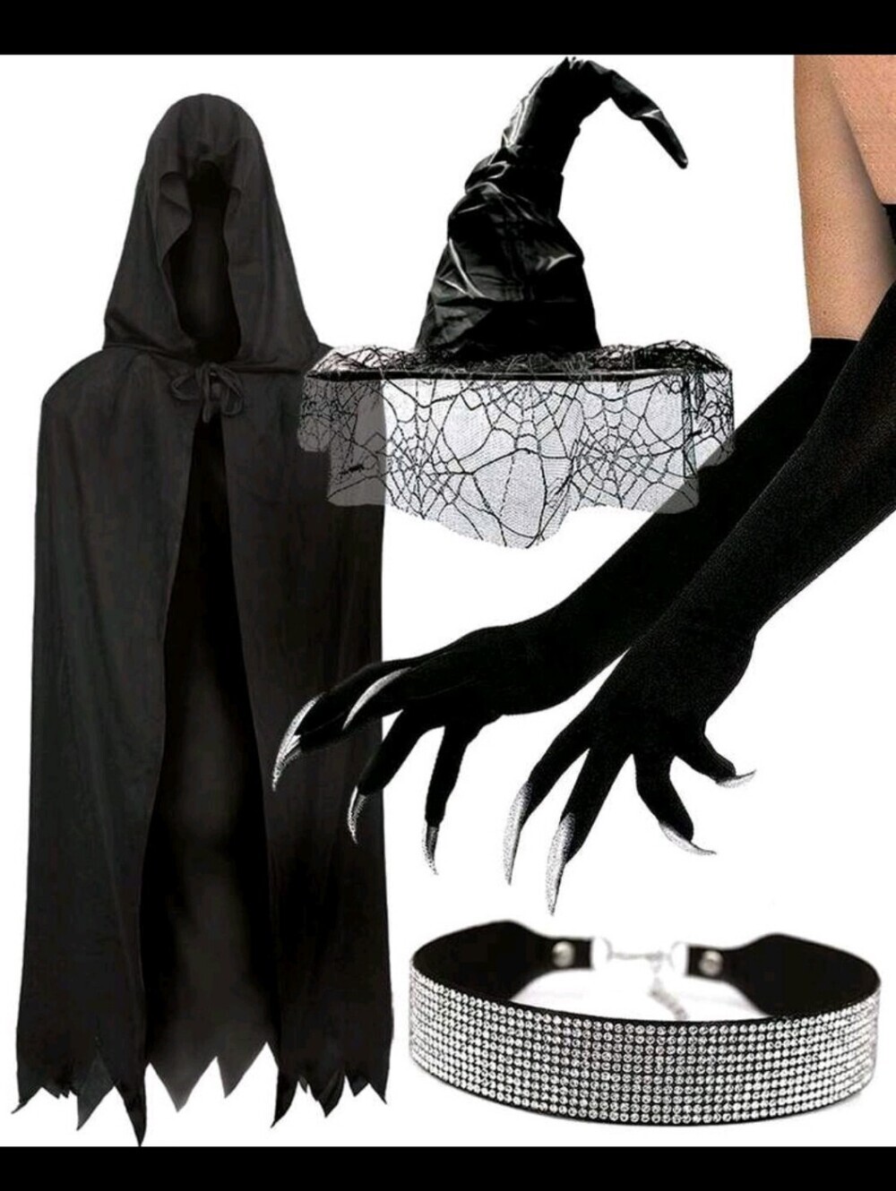 Black Witch Costume Accessories Set - Hooded Cape, Gloves, Choker, Hat